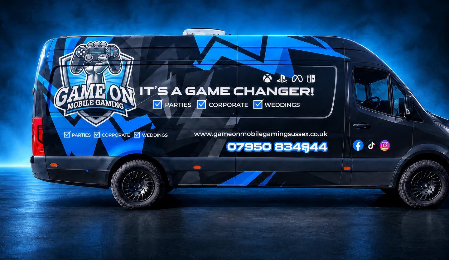 Game On gaming van artwork with the blue and black wrap, updated website and 07950 834944 contact number